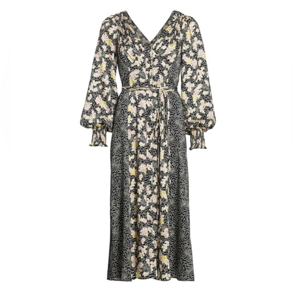 cinq a sept Dresses & Skirts - CINQ à SEPT Midi Jessica Dress Multicolor Floral Print Black Pink Size 0